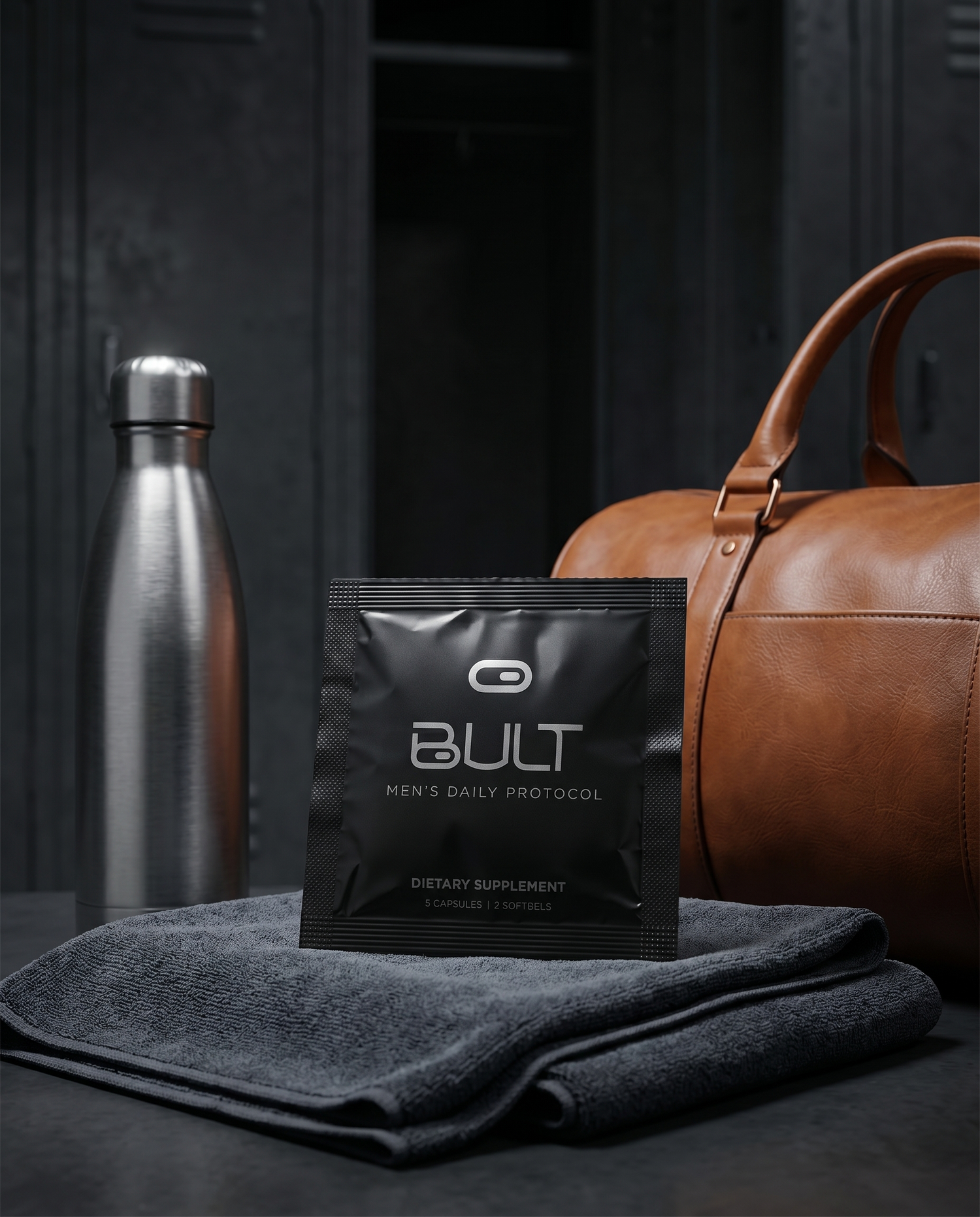 BULT supplement package on a gray surface with a brown leather bag and silver water bottle in the background.