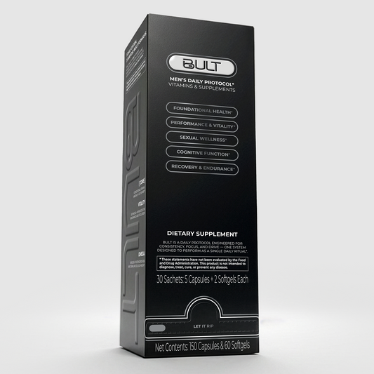 BULT Men's Daily Protocol product box — front view highlighting foundational health, performance, sexual wellness, cognitive function, and recovery pillars