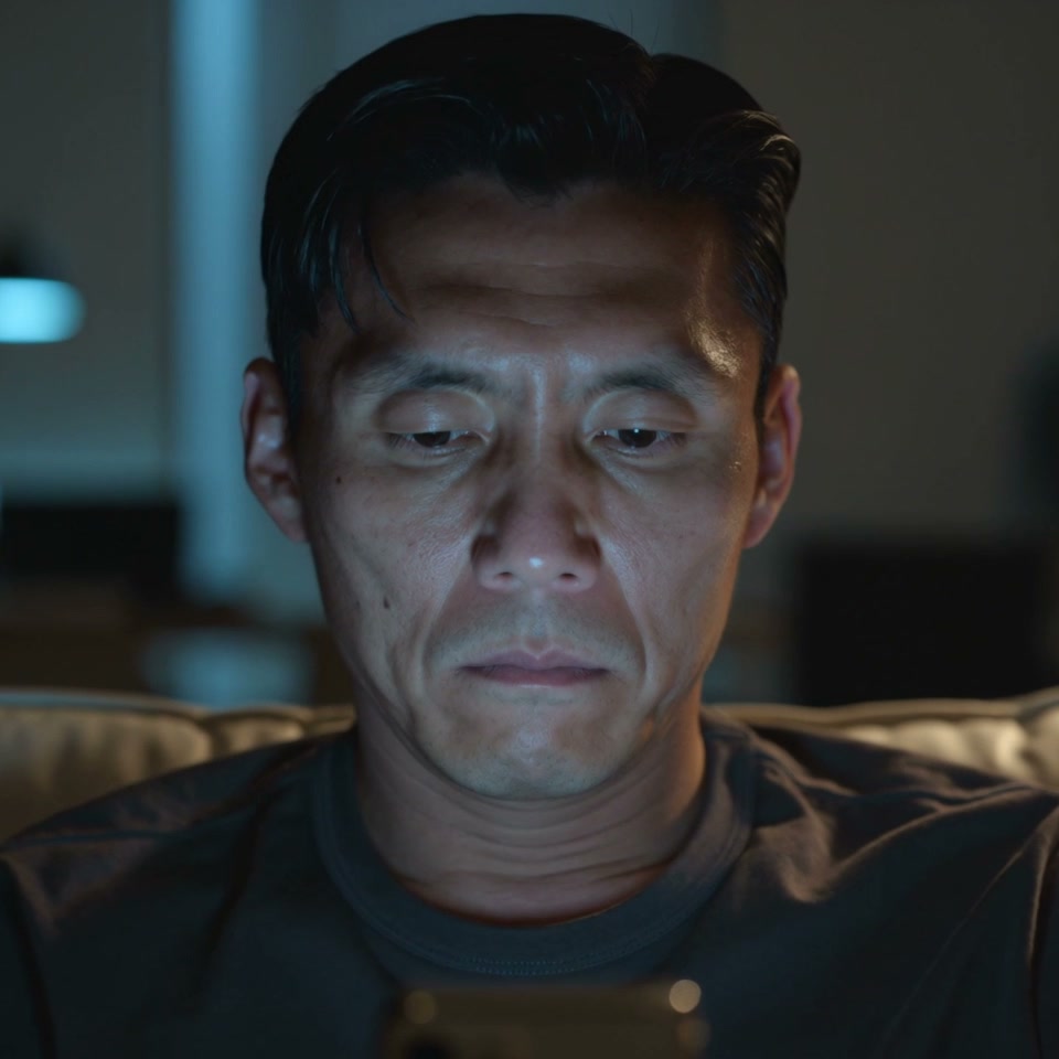 Tired man scrolling late at night