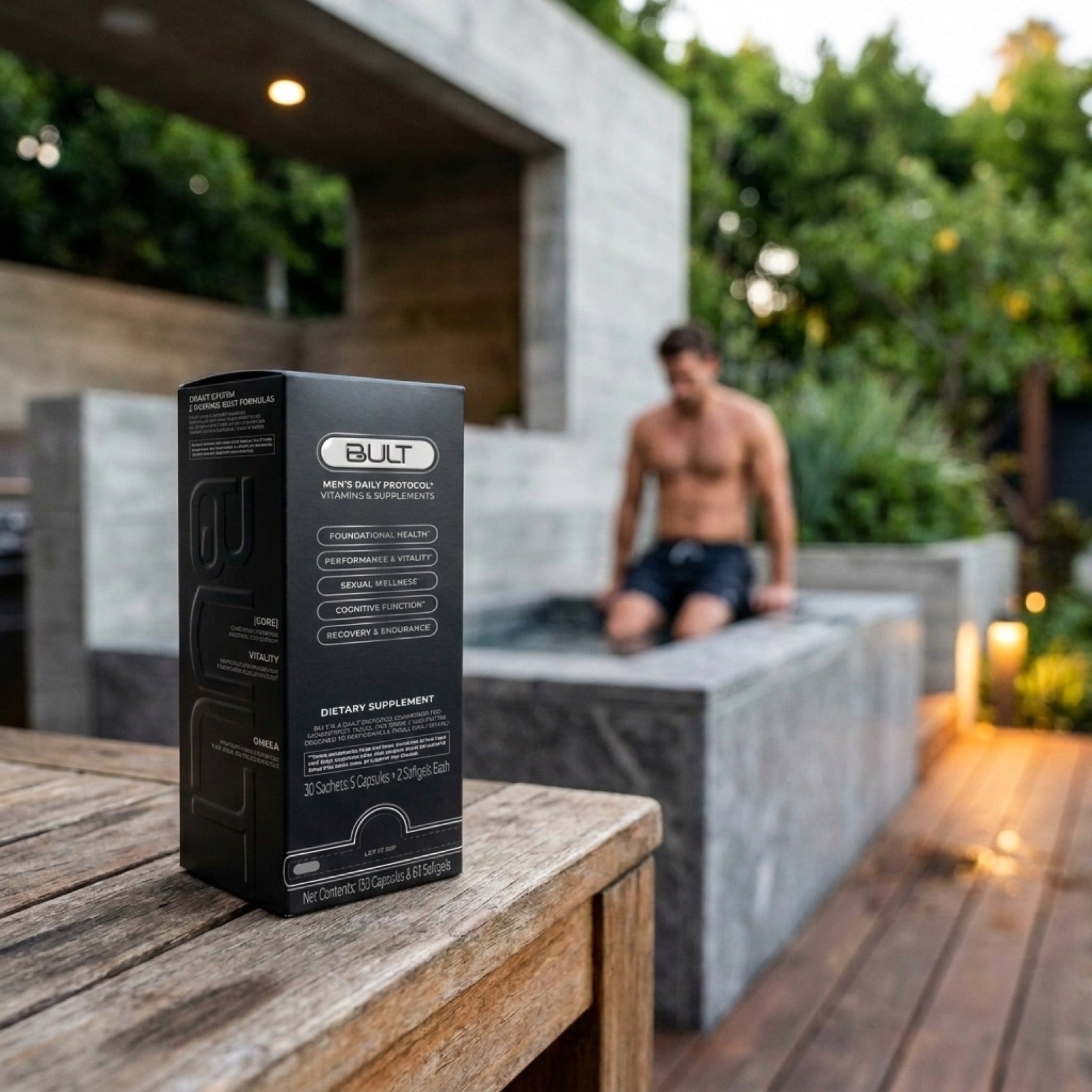 BULT Men's Daily Protocol box on a table in a modern outdoor setting